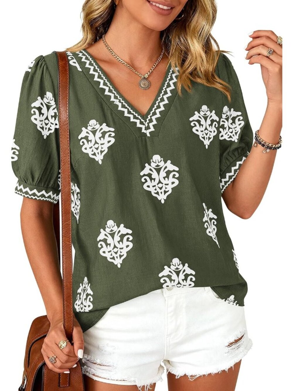 Women's Army Green White Flower Short Sleeves V Neck Boho Blouses Beach T Shirts